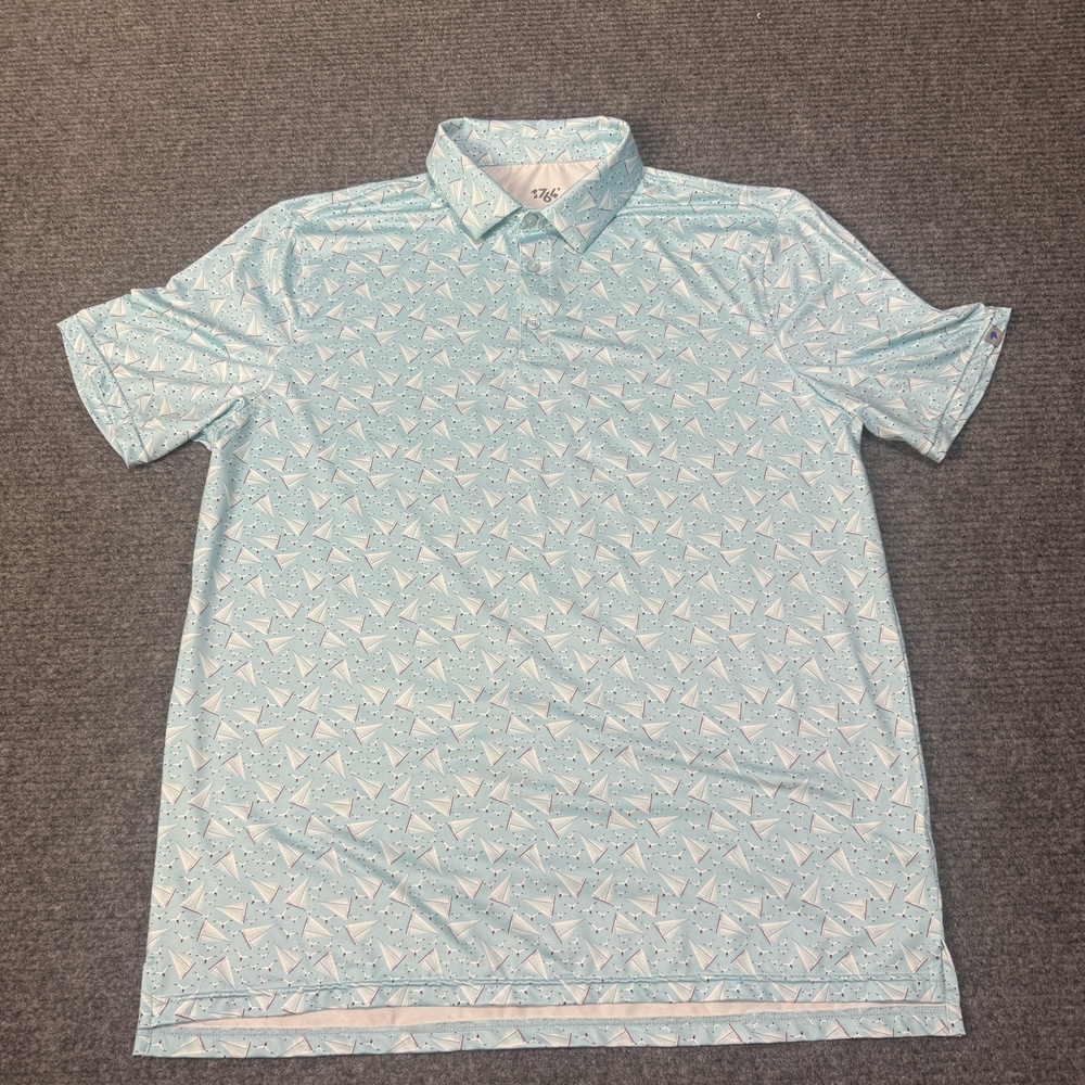 1764 Polo Shirt Mens XL Blue Sailboat Print Golf Performance Stretch Nautical